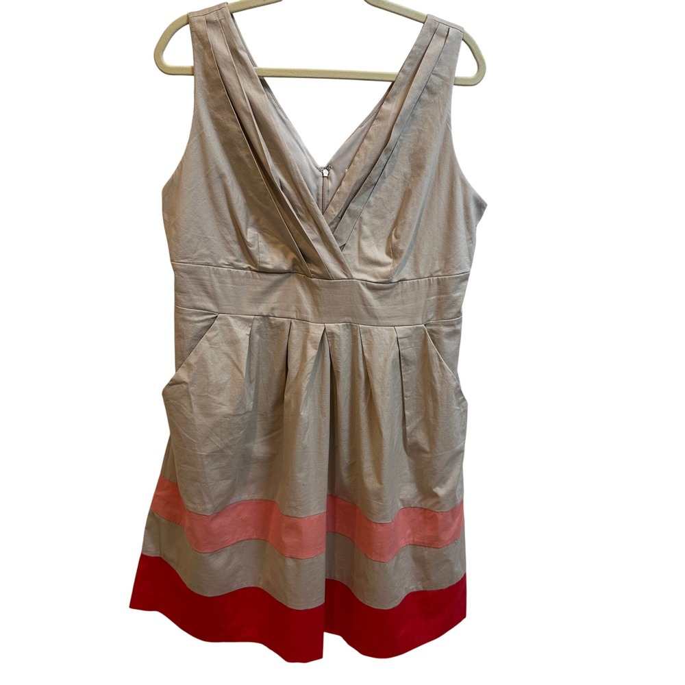 Corey P Khaki Pink Red Color Block V-Neck Pocket Dress 14 Preppy Breezy Summer